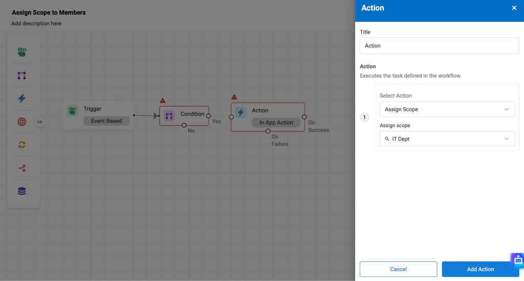 Workflow canvas showing the Action modal.