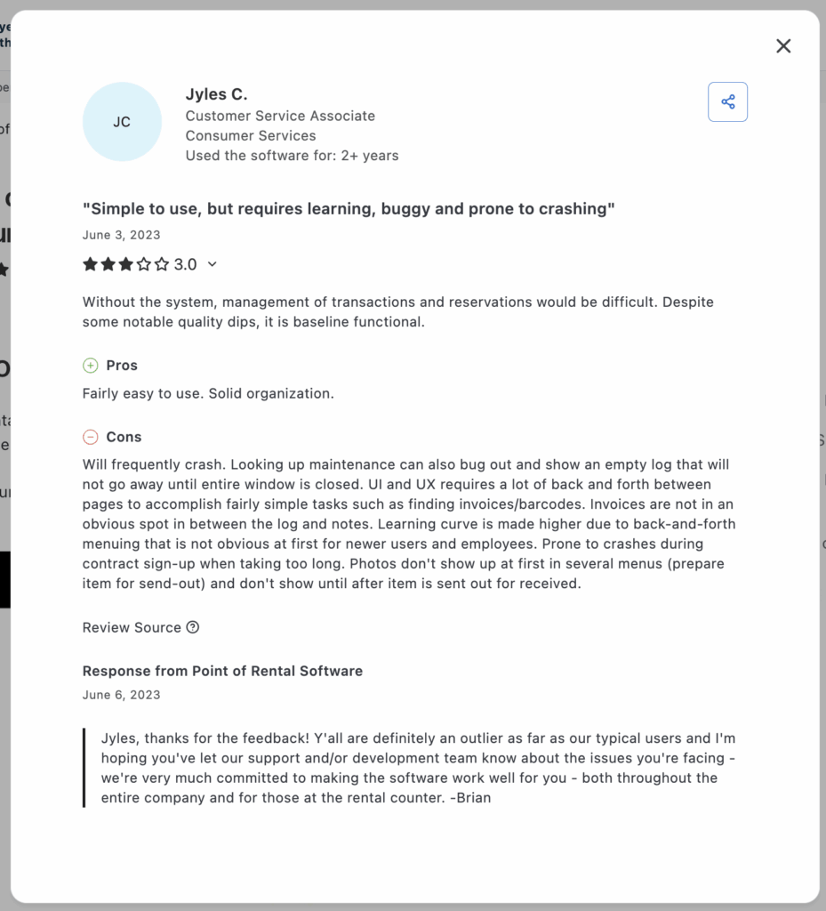 Point of Rental Review