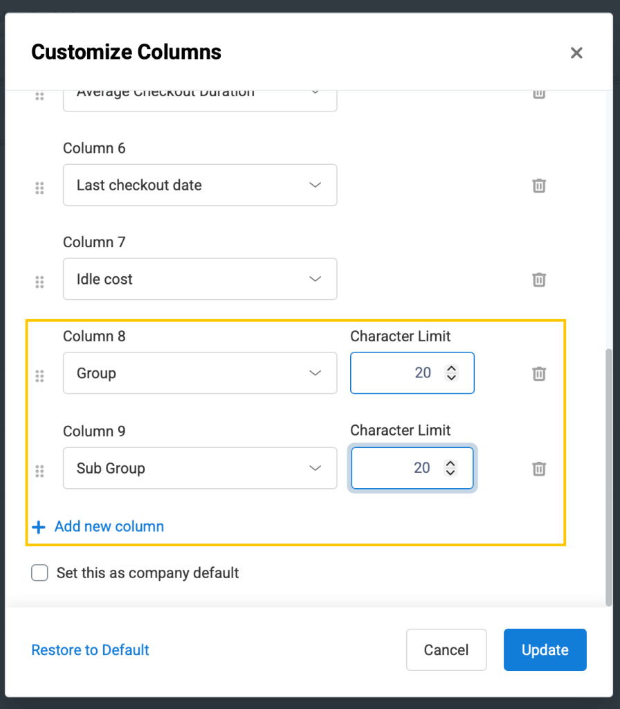 Catalog optimizer Customize Columns pop-up showing the option to add groups and sub groups.