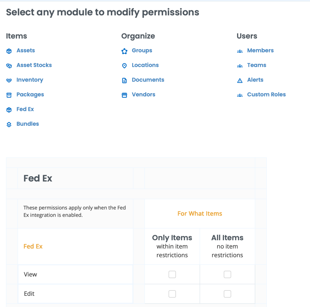 Custom role page showing how to add permissions related to FedEx to a role.