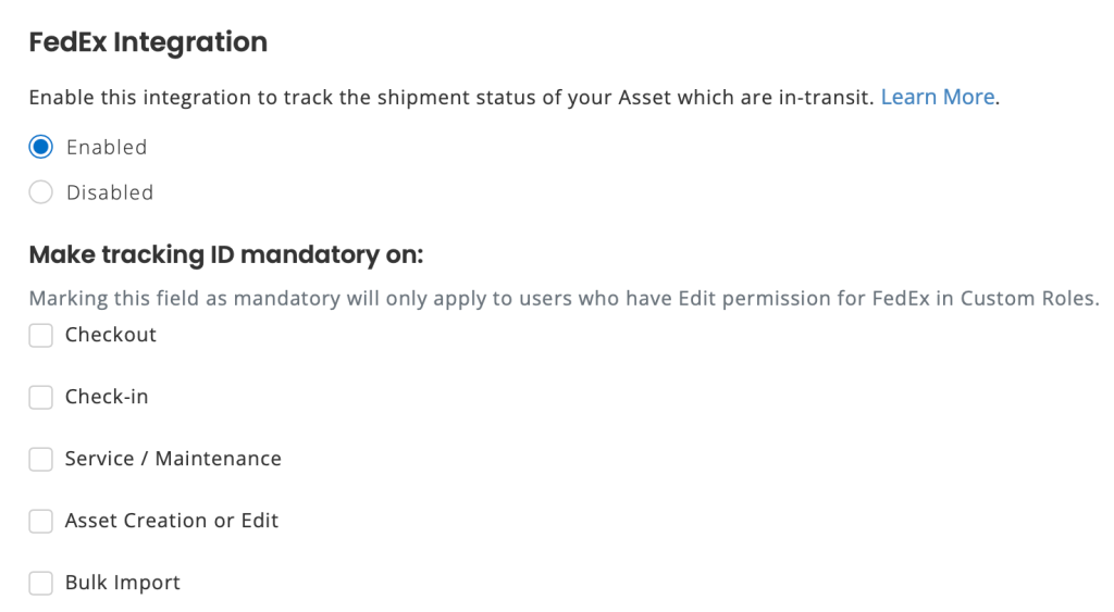 Integration settings page showing how to enable FedEx.