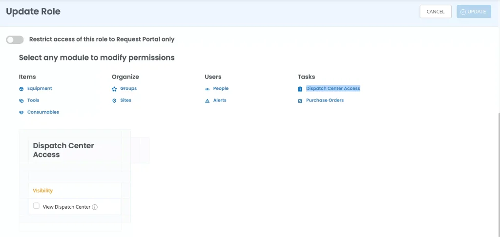 The Update role page showing the Dispatch Center Access permission module.