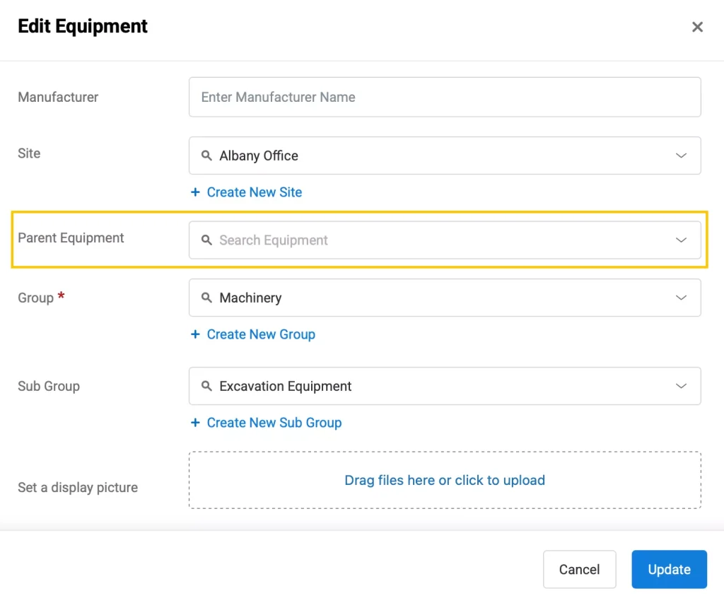 The Edit Equipment pop-up showing the Parent Equipment option.