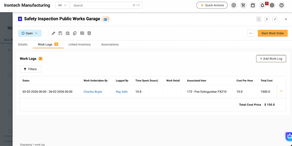 EZO's work logs tab.