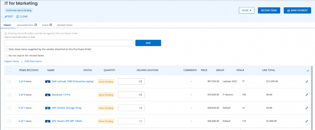 EZO's purchase order details page