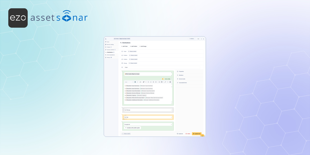 AssetSonar destination configuration screen showing an automated ticket template with mapped form responses.