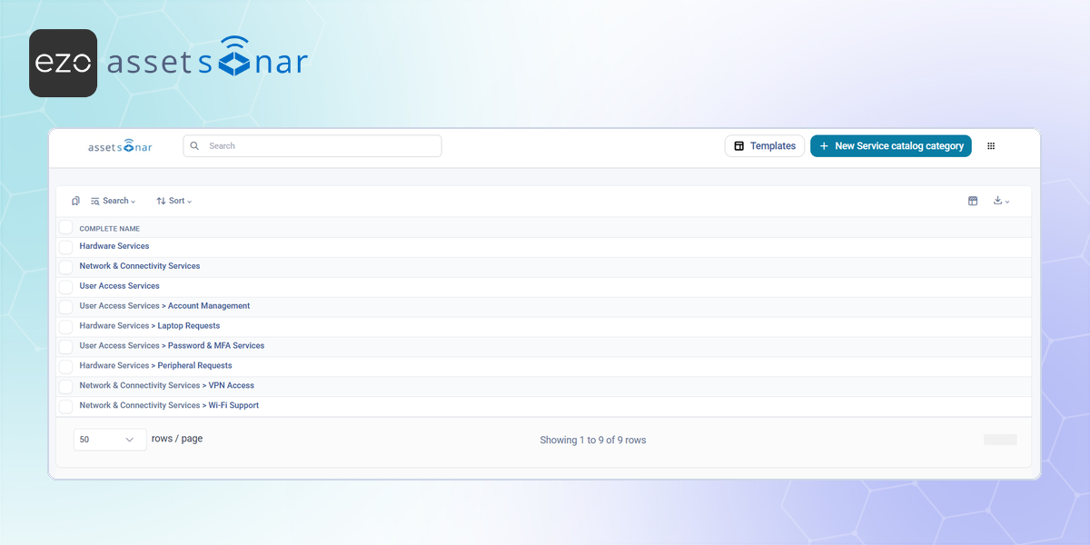 AssetSonar service catalog screen showing service categories and nested request categories.