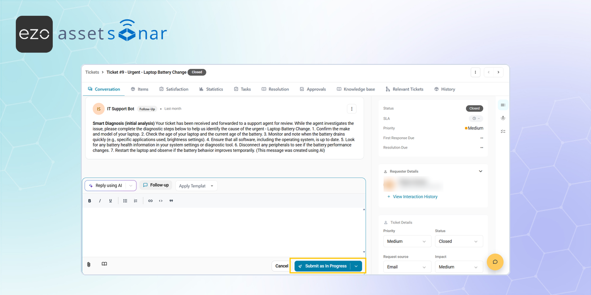 AssetSonar ticket conversation showing an AI-generated smart diagnosis and a reply editor for submitting a follow-up.