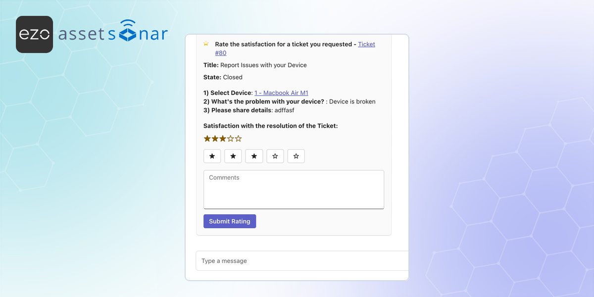 AssetSonar satisfaction survey showing a closed ticket with star rating and comment fields.