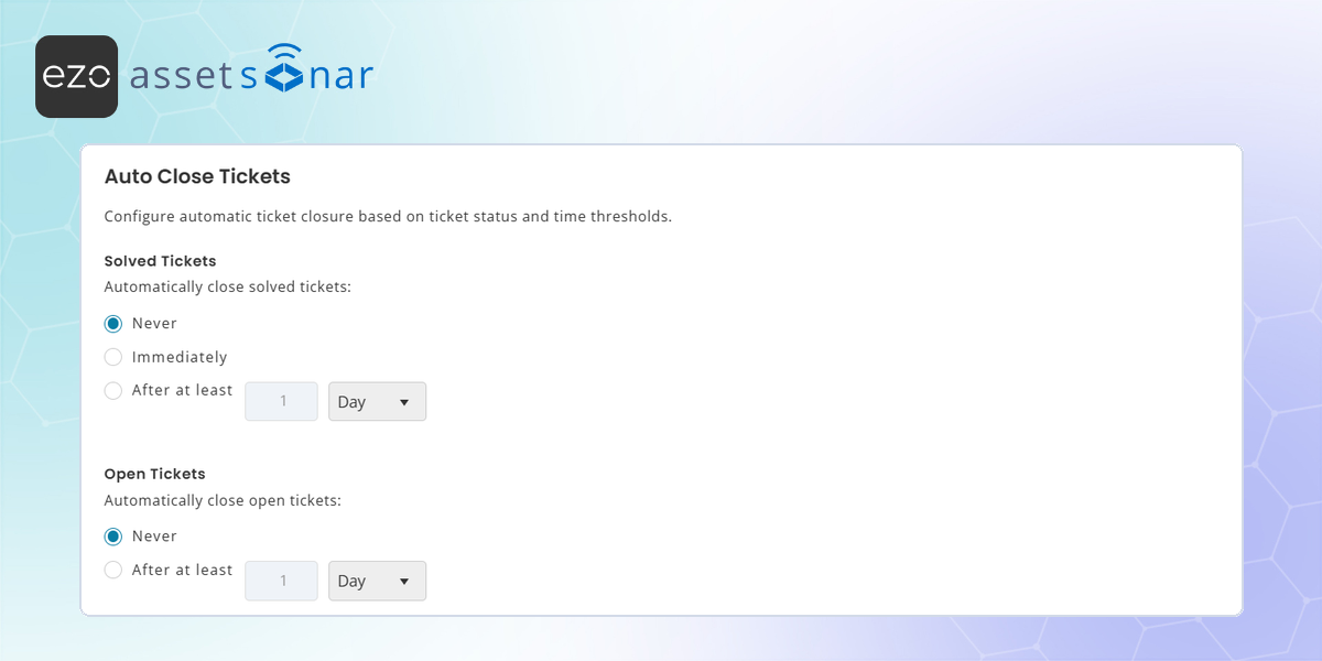 AssetSonar auto-close ticket settings showing closure timing options for solved and open tickets.