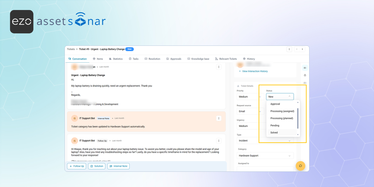 AssetSonar ticket details showing the status dropdown with ticket workflow status options.