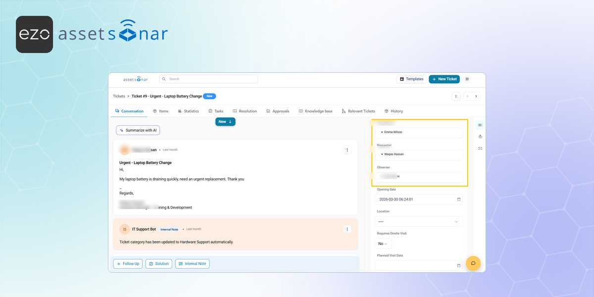 AssetSonar ticket details showing assigned user, requester, and observer fields highlighted.