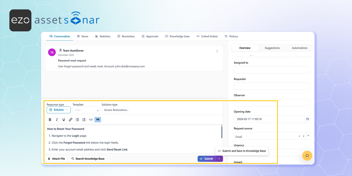 AssetSonar ITSM ticket page showing a password reset solution being submitted and saved to the Knowledge Base from the ticket conversation.
