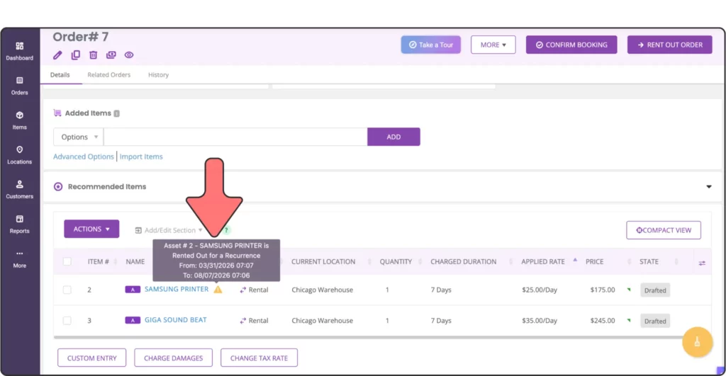 AV rental booking system (EZRentOut) alert showing equipment already rented during selected dates
