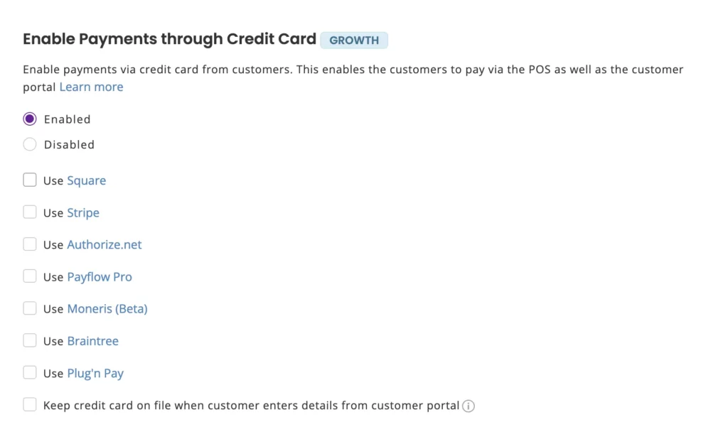EZRentOut payment settings showing integration options, including Stripe and Square