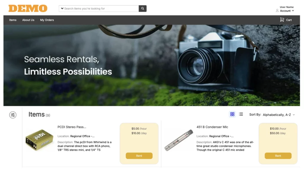 EZRentOut webstore showing equipment listings, pricing, and online booking options