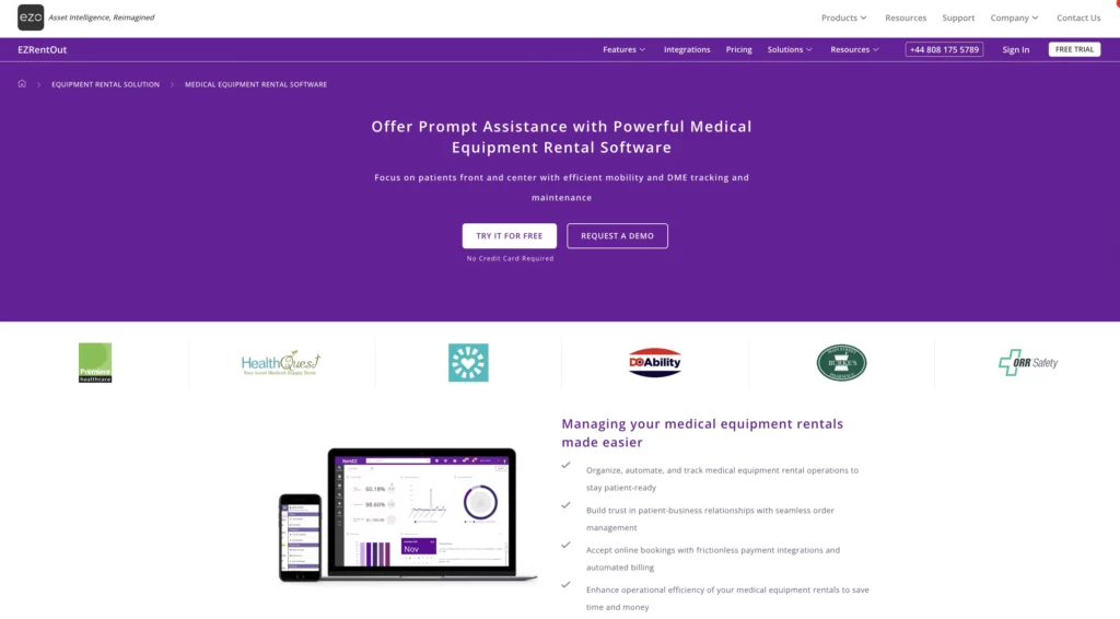 EZRentOut homepage for managing medical equipment rentals, inventory, and maintenance.