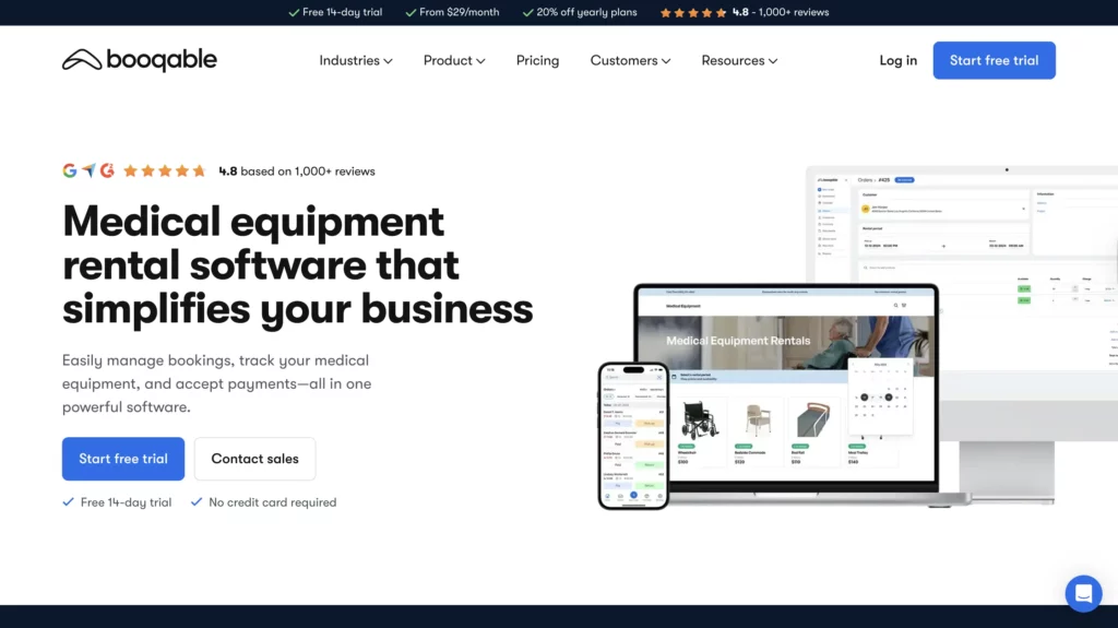 Booqable homepage for medical equipment rental software.
