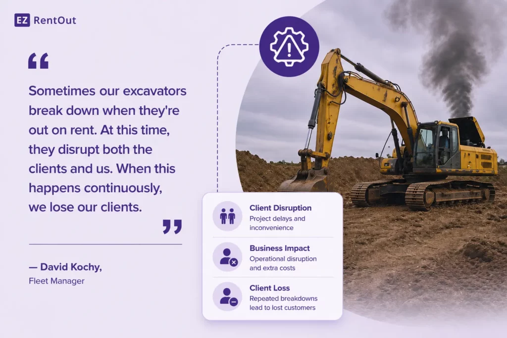 Customer testimonial by David Kochy about excavator breakdowns causing client disruption and loss.