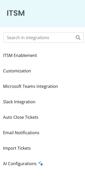 AssetSonar ITSM settings sidebar showing enablement, customization, Teams, Slack, email notifications, import tickets, and AI configurations