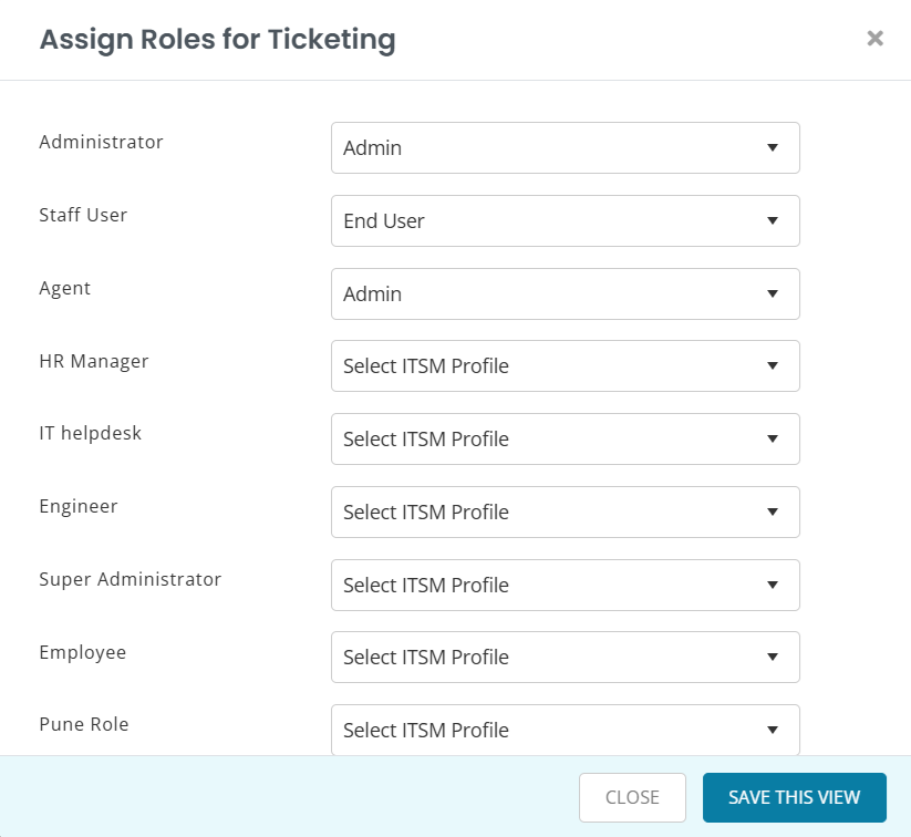 Assign Roles for Ticketing modal with dropdowns for mapping AssetSonar roles to ITSM profiles