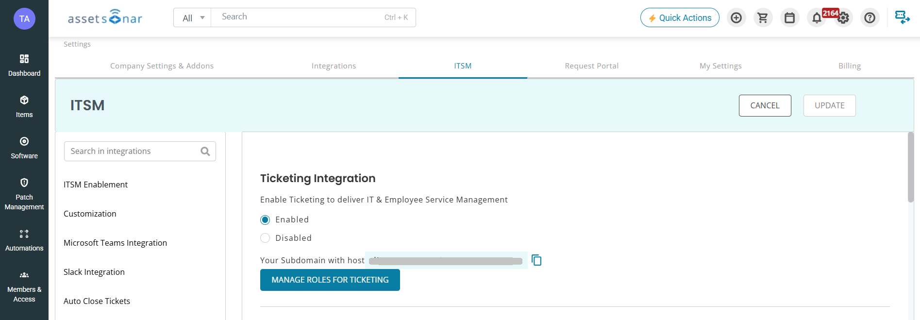 AssetSonar settings page showing ITSM ticketing integration enabled and the Manage Roles for Ticketing button