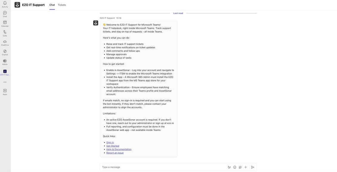 Microsoft Teams chat with the EZO IT Support bot showing ticket support options and quick links