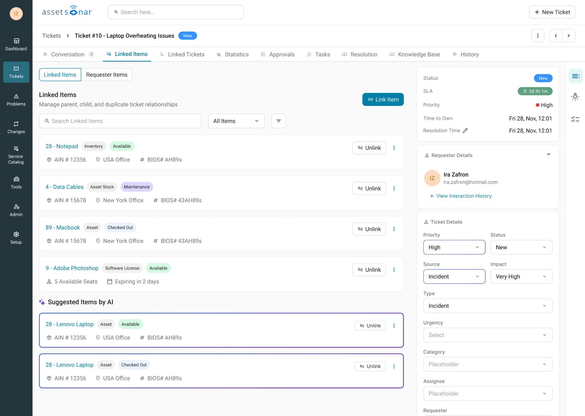 AssetSonar ITSM ticket detail page showing linked asset context, ticket timeline, and ticket properties