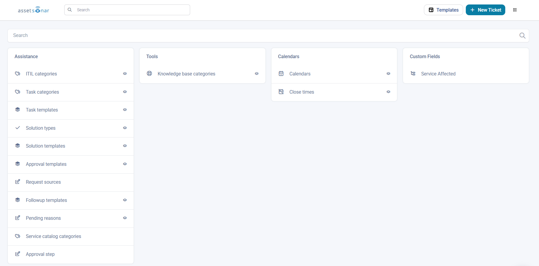 AssetSonar ITSM configuration page showing categories, templates, calendars, and custom fields