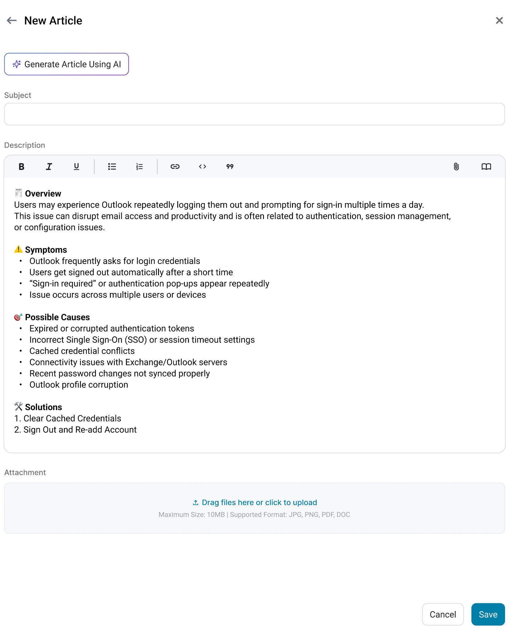 AssetSonar Knowledge Base article editor for creating or editing a support article