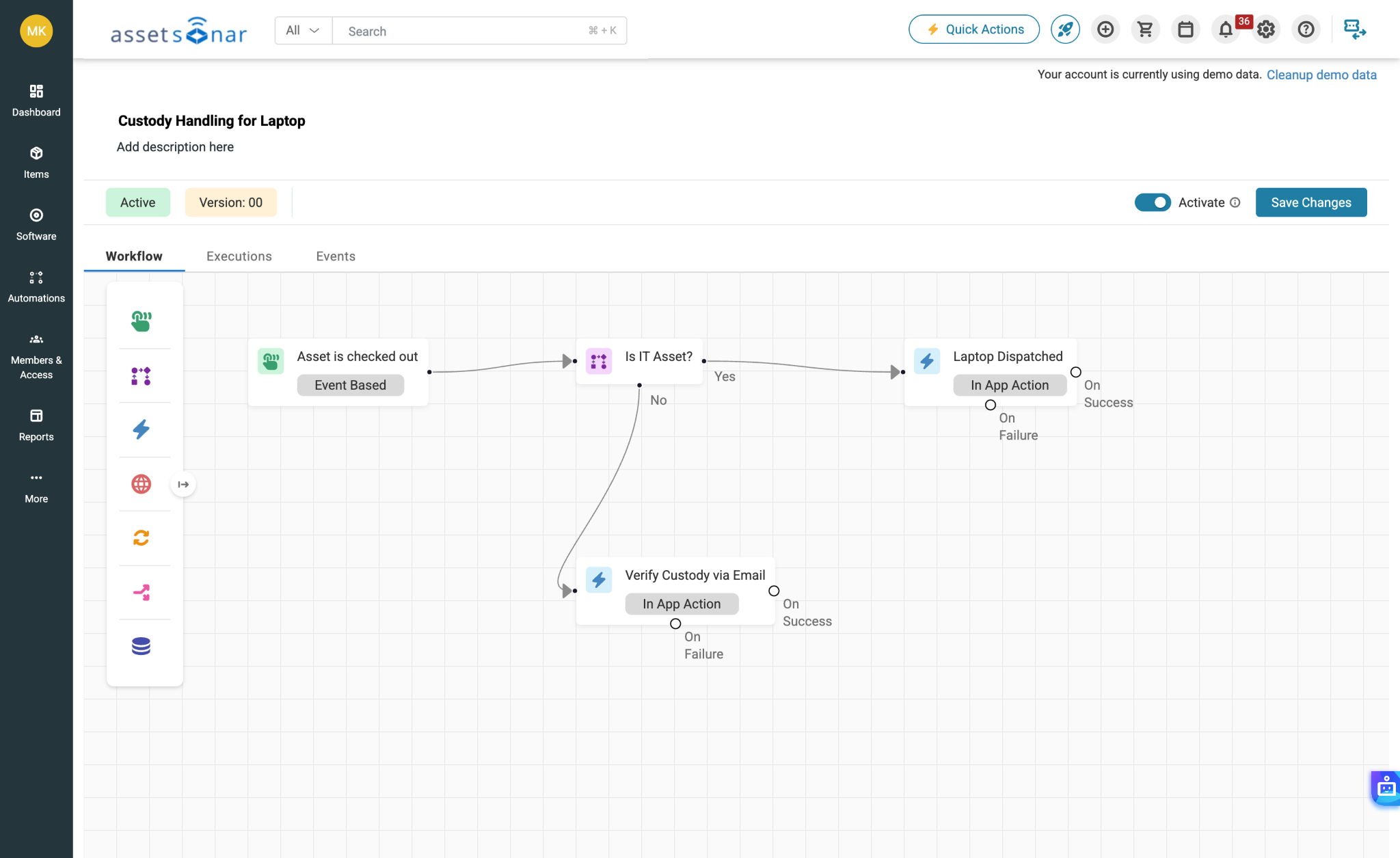 AssetSonar workflow automation canvas showing a custody handling workflow for a checked-out laptop