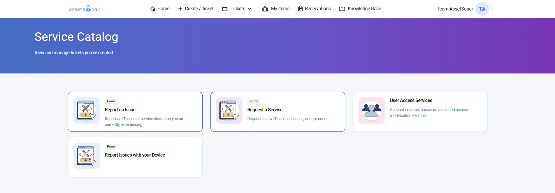 AssetSonar Employee Portal Service Catalog page with request forms and a user access service category