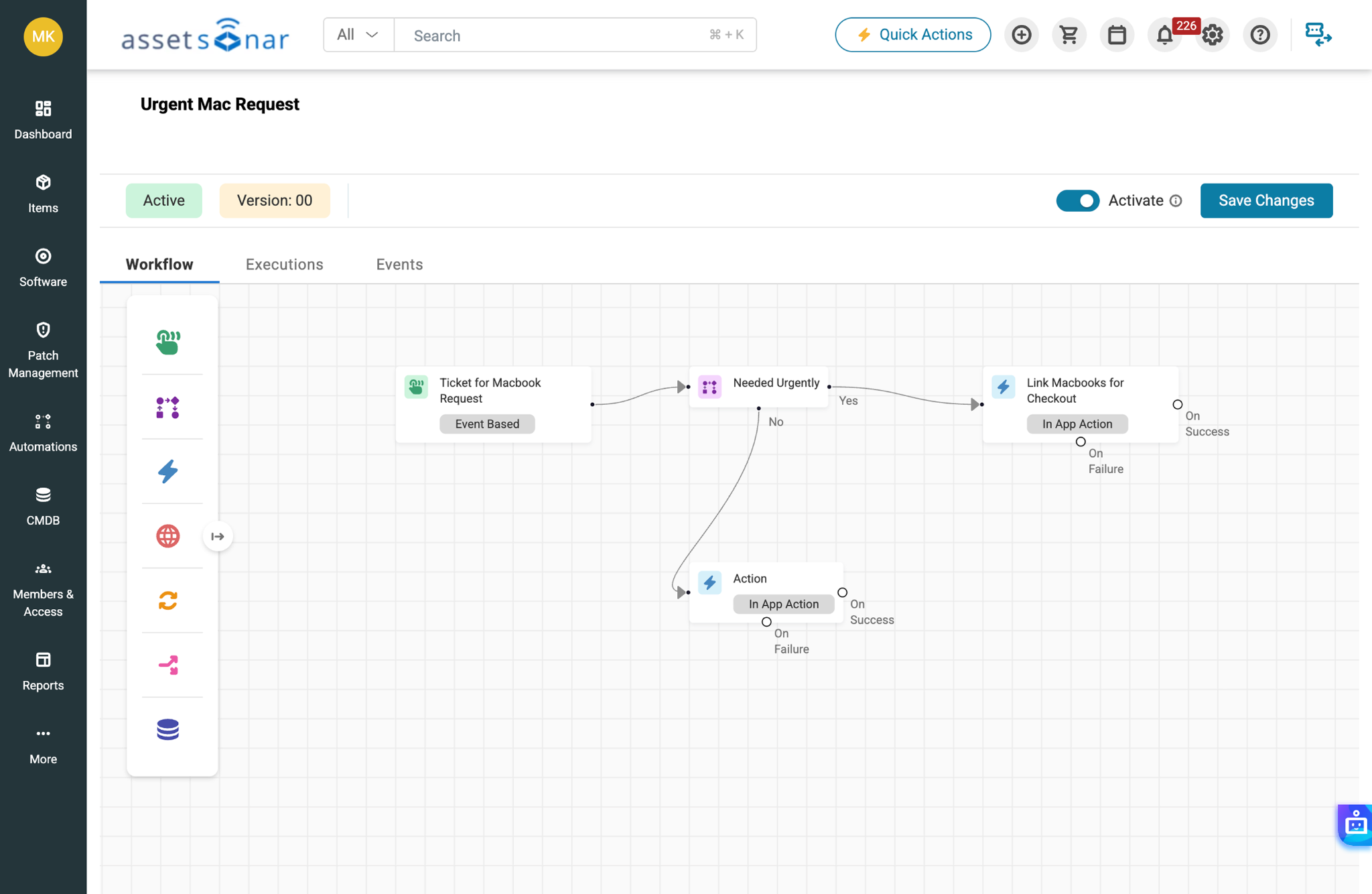 AssetSonar workflow automation canvas showing ticket assignment logic for an urgent Mac request