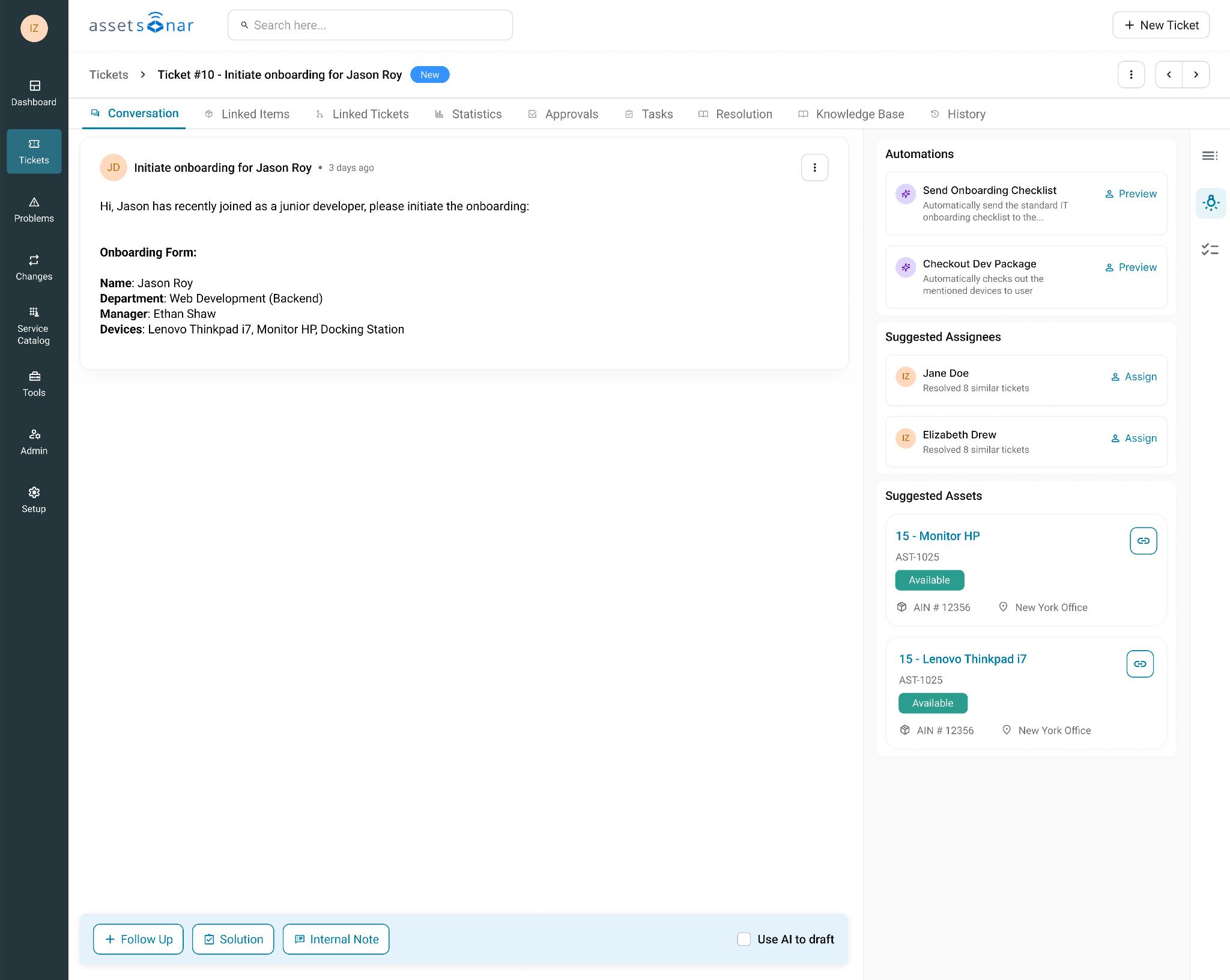 AssetSonar ITSM ticket detail page showing ticket conversation, status, requester details, and assignment information
