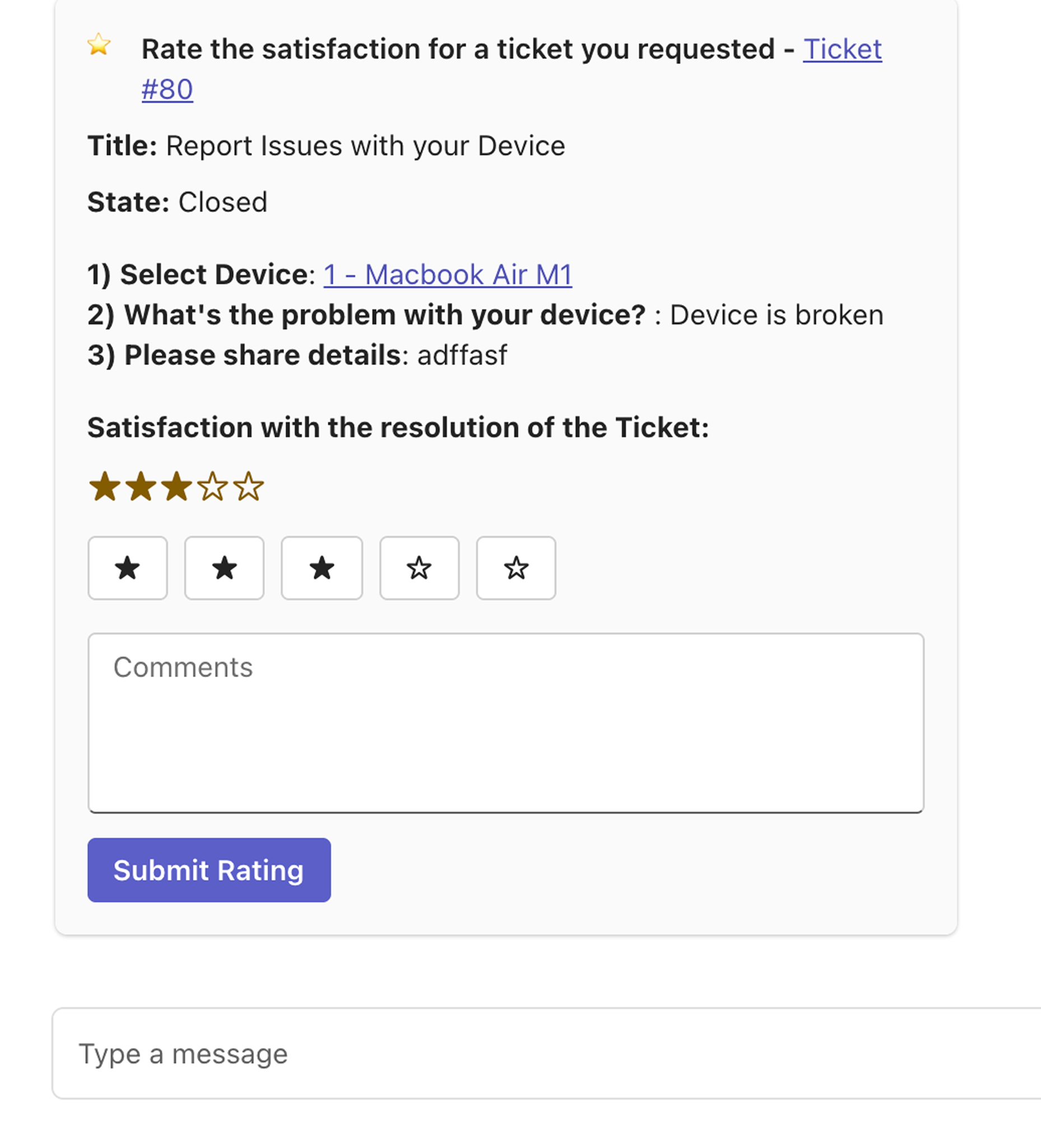 AssetSonar satisfaction survey form for rating support and leaving comments after a ticket request