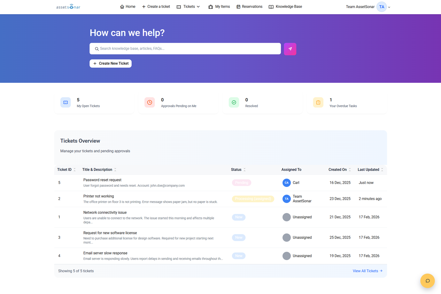 AssetSonar Employee Portal home page with knowledge base search, Create New Ticket button, summary cards, and ticket overview list