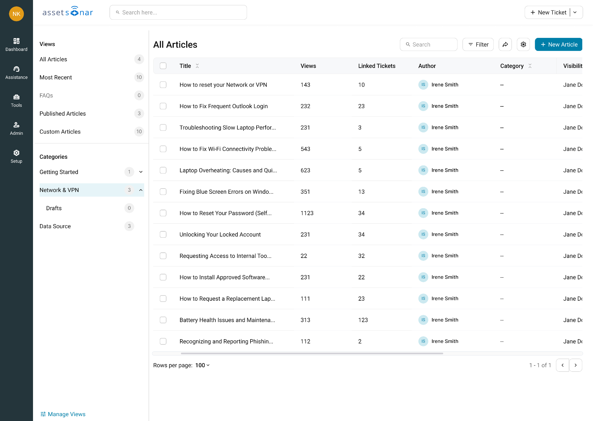 AssetSonar Knowledge Base article listing with category navigation and published support articles