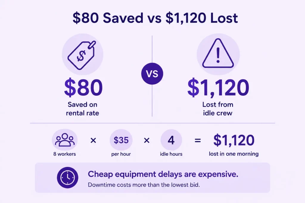 Infographic showing downtime costs outweighing low equipment rental price savings.