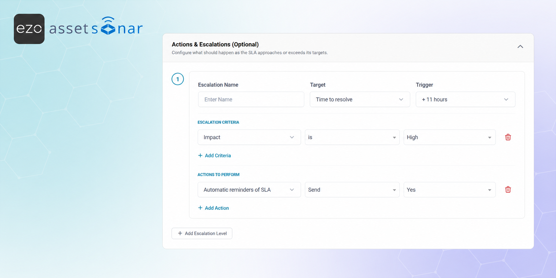 AssetSonar SLA escalation settings showing escalation criteria, trigger timing, and automated SLA reminder action
