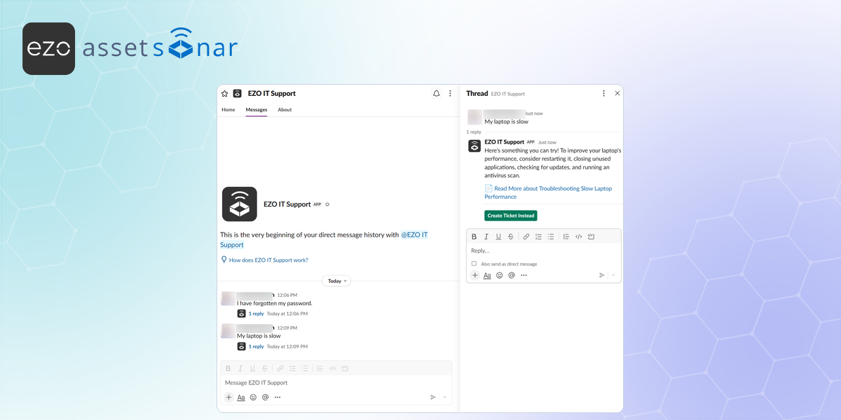 Slack direct message with the EZO IT Support bot showing an employee support request, suggested troubleshooting article, and Create Ticket Instead option