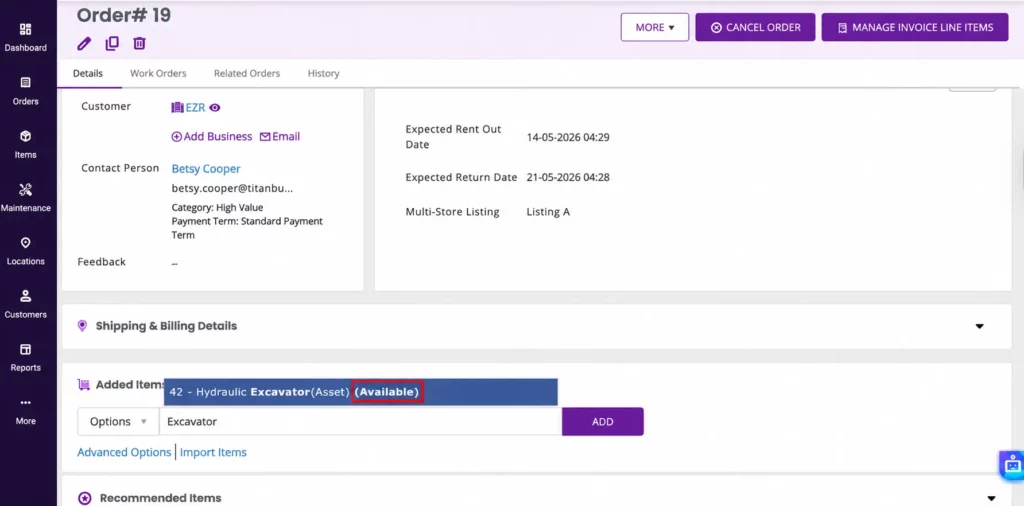 EZRentOut dashboard highlighting real-time excavator availability status within a rental order workflow.