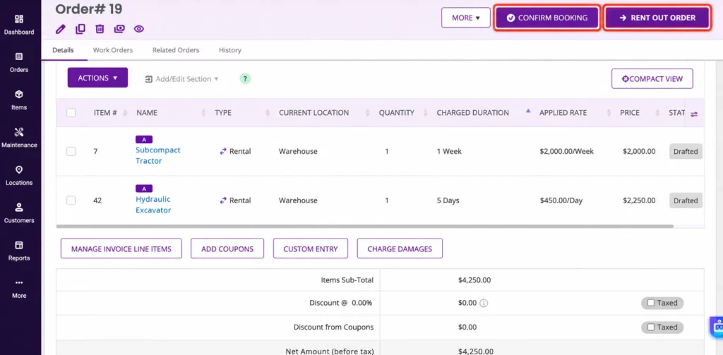 โConfirm Bookingโ and โRent Out Orderโ actions in the EZRentOut order fulfillment workflow.