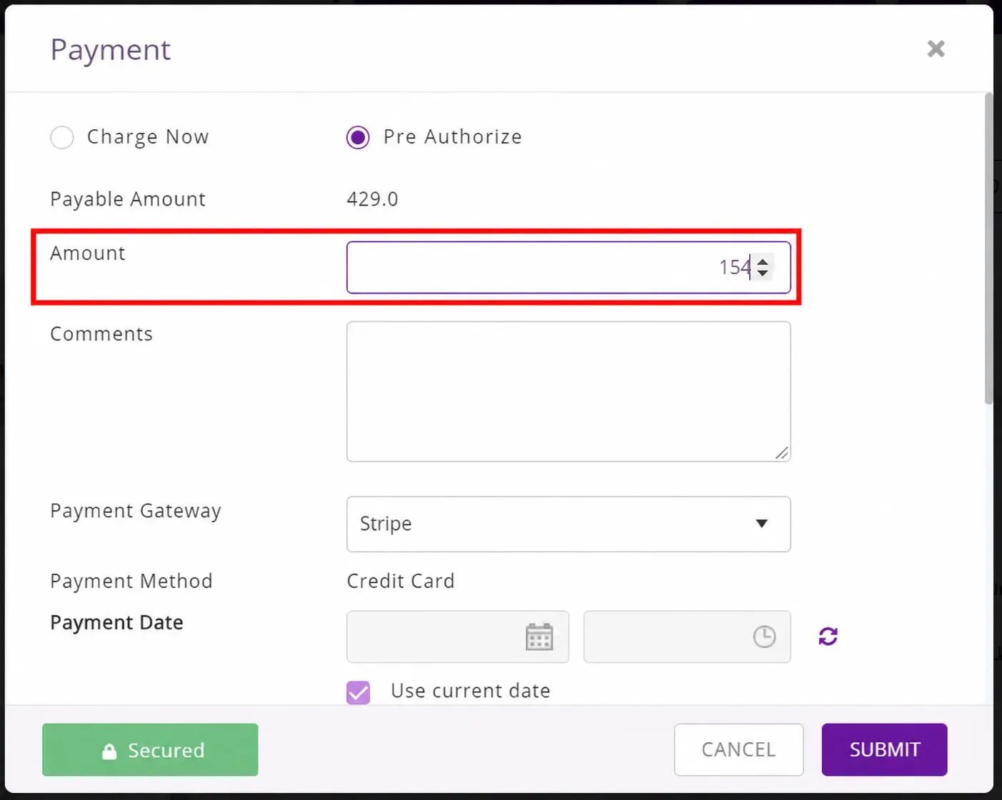 Payment modal highlighting the editable amount field for applying custom payment or pre-authorization values.