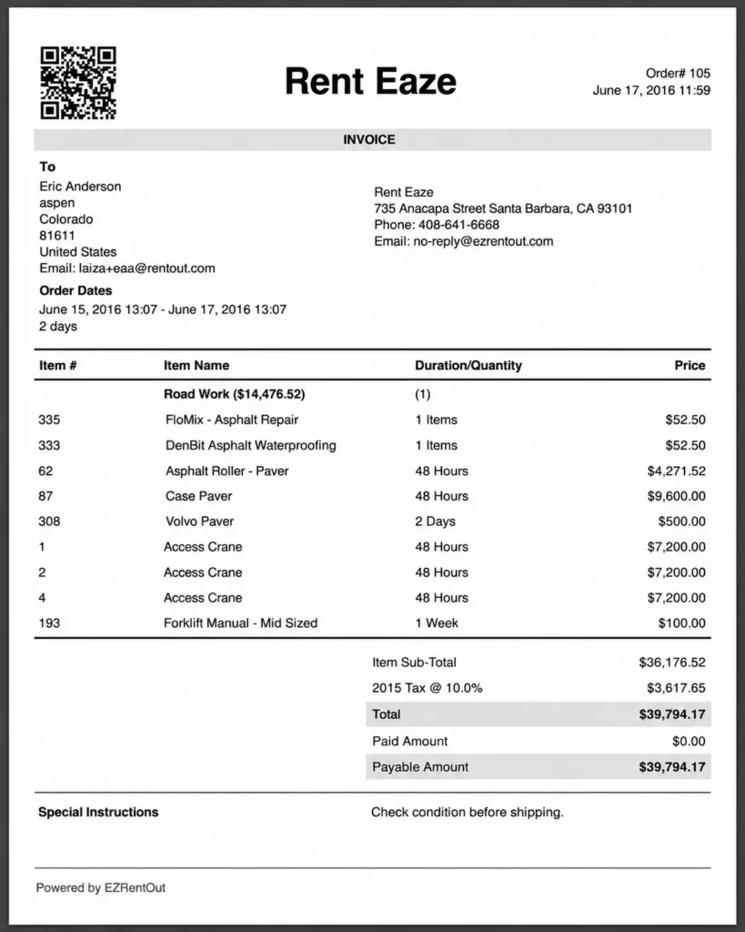 Invoice layout for Rent Eaze created with EZRentOut.