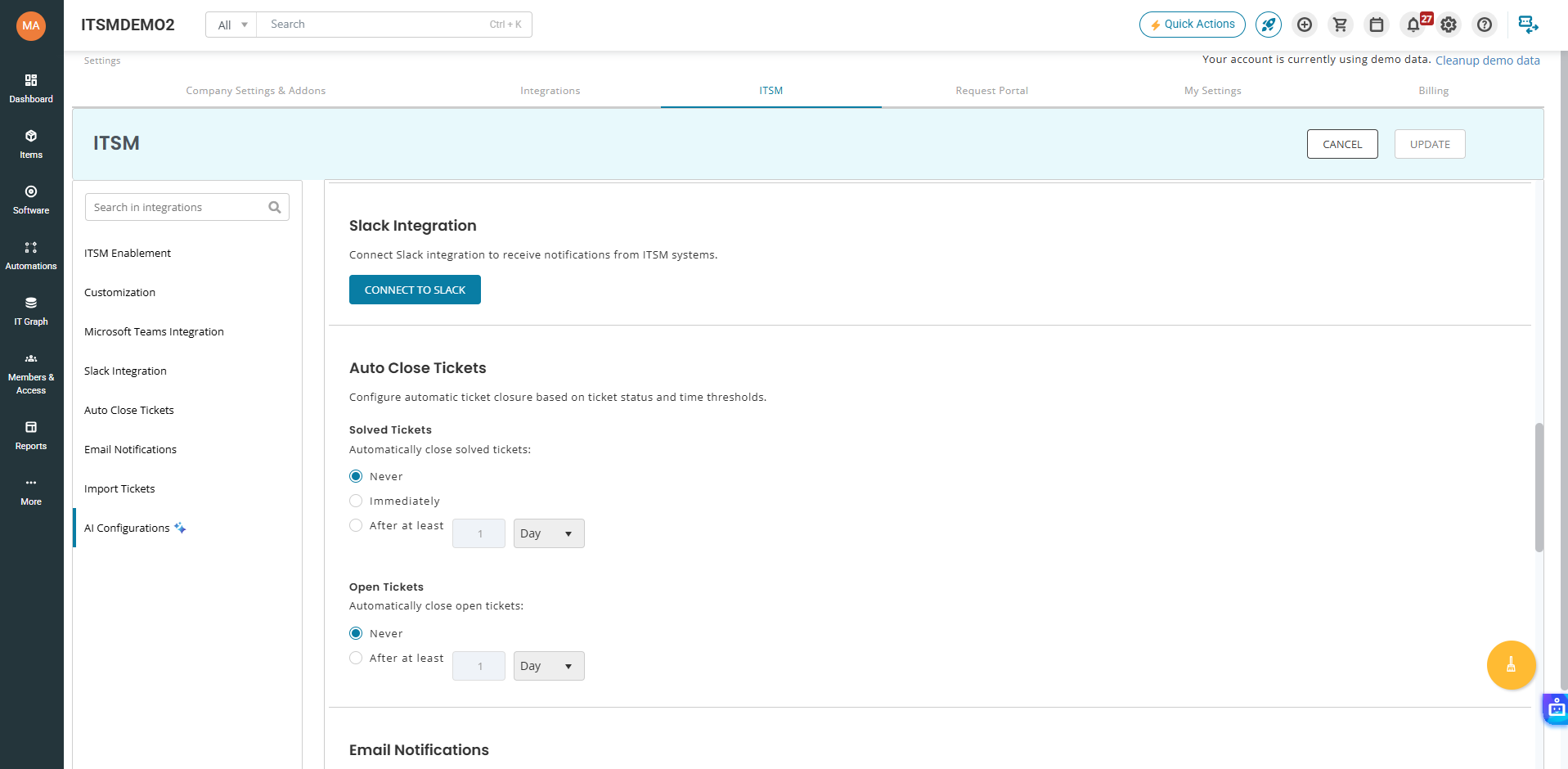 AssetSonar ITSM Slack Integration settings page showing the Connect to Slack button before workspace connection.