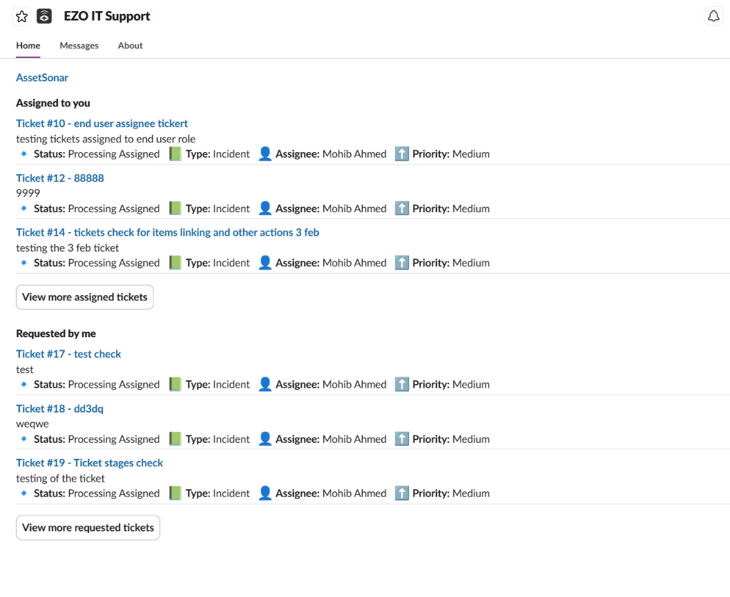 EZO IT Support Slack Home tab showing assigned tickets and requested tickets with status, type, assignee, and priority details.