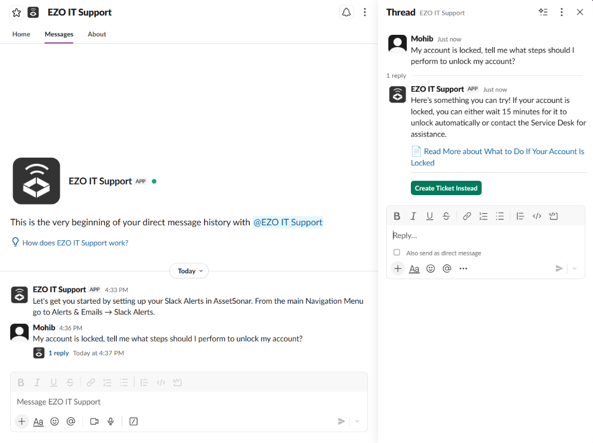 EZO IT Support bot suggesting a knowledge base article in Slack with an option to create a ticket instead.