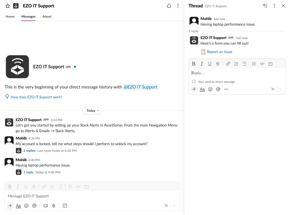 EZO IT Support bot responding to a support request in Slack with a Report an Issue form link.