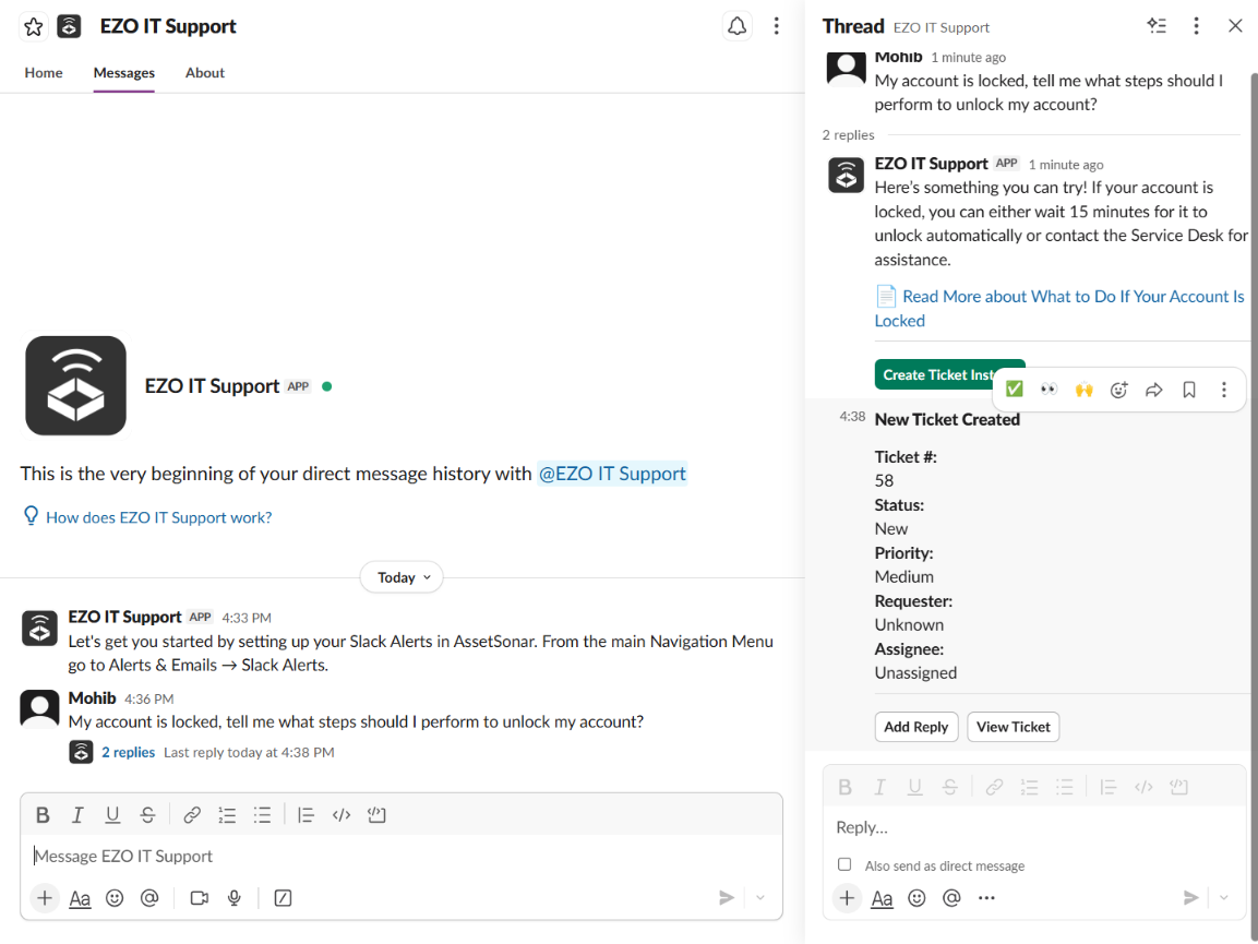 Slack thread showing a new ticket created by EZO IT Support with ticket number, status, priority, requester, and assignee details.