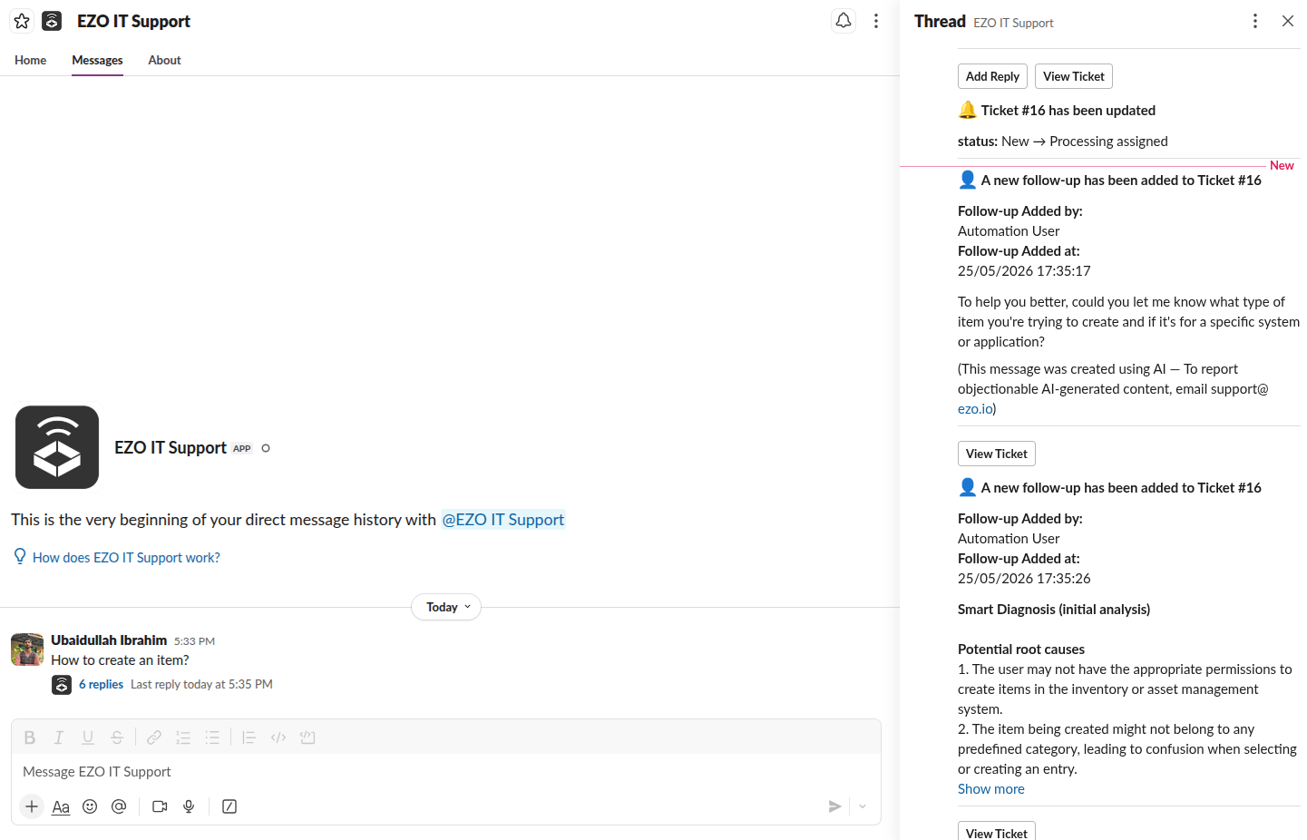EZO IT Support Slack thread showing a ticket status update, follow-up message, smart diagnosis, and View Ticket button.